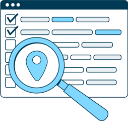 Illustration of a web browser with a checklist, a magnifying glass over top magnifying a location pin.