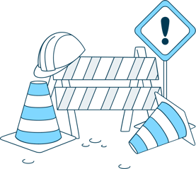 Illustration of safety measures at a construction site: a warning barrier, cones, a construction hat and sign with ! on it.