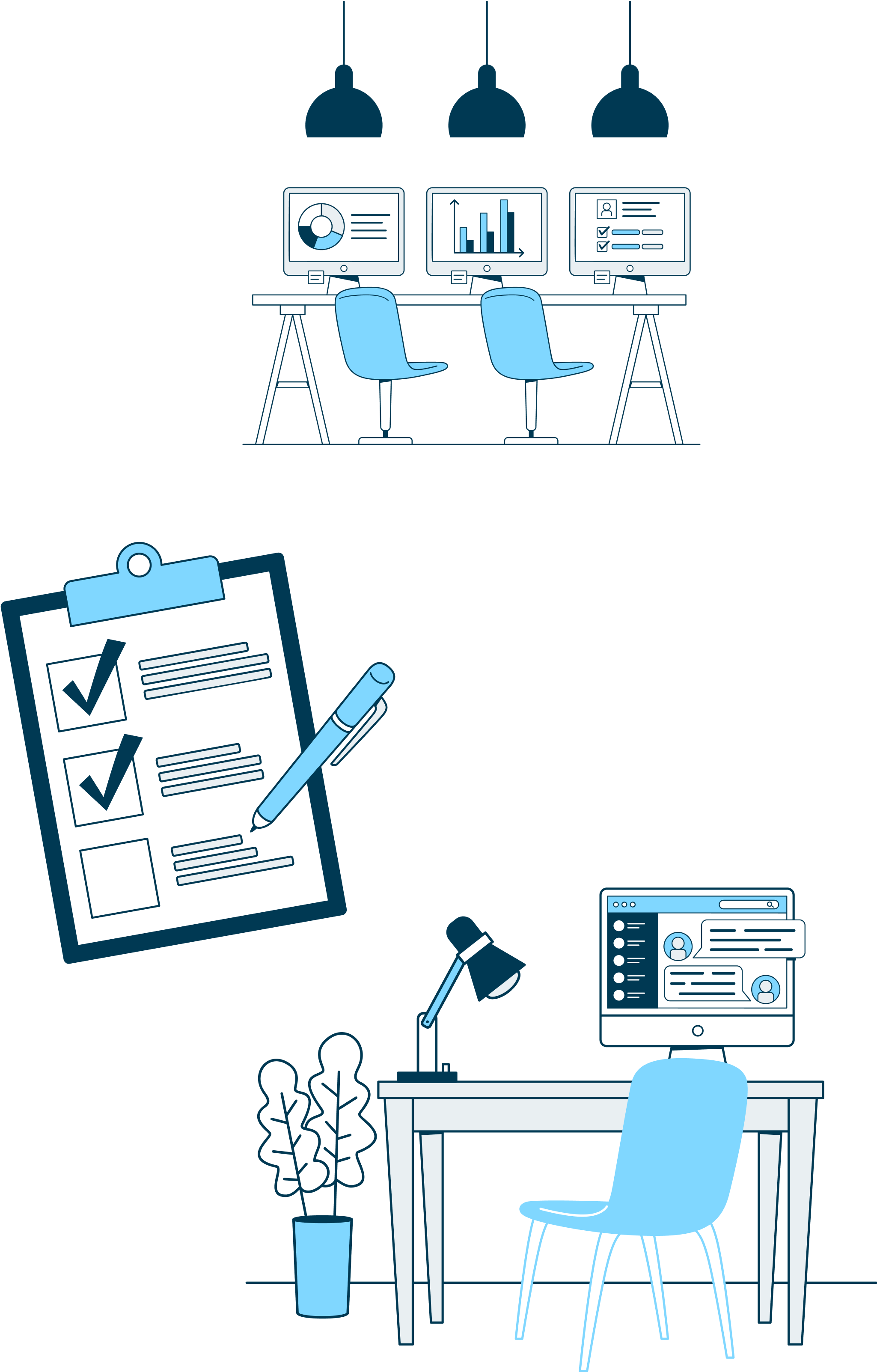 An illustration of a work station with charts on computer screens, a checklist on a clipboard, and a work from home work station with instant messages