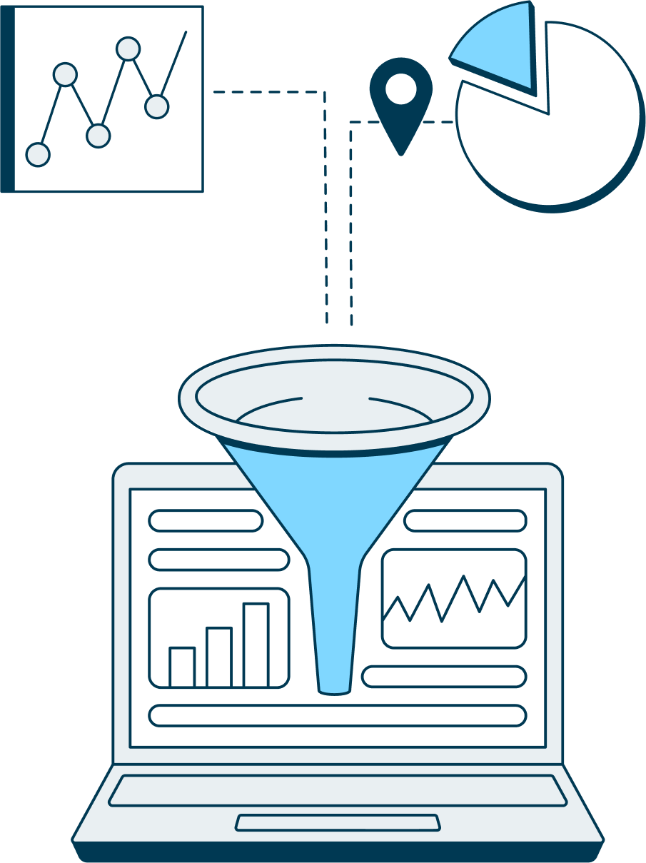 Illustration of a laptop screen with a large funnel over top, going into the funnel are line and pie charts and a location pin.