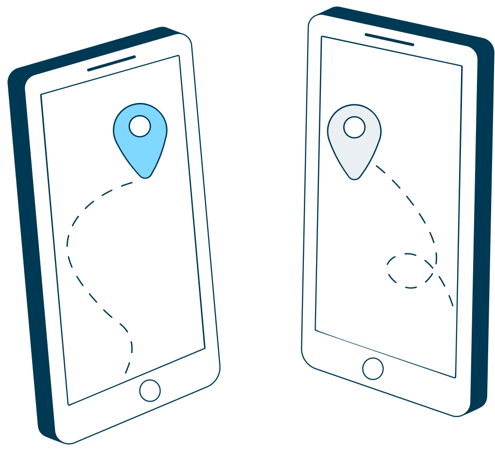 Illustration of two mobile phones with different dotted lines and location pins on the screen.