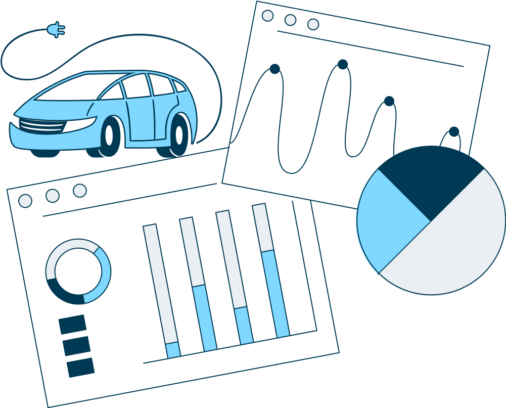 Illustration with two web browsers with data charts, a floating pie chart, and an electric car.